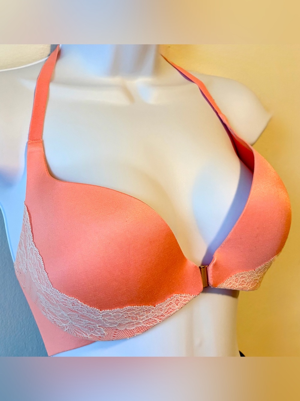 Victoria's Secret Coral Push-Up Halter Bra with Cream Lace Trim